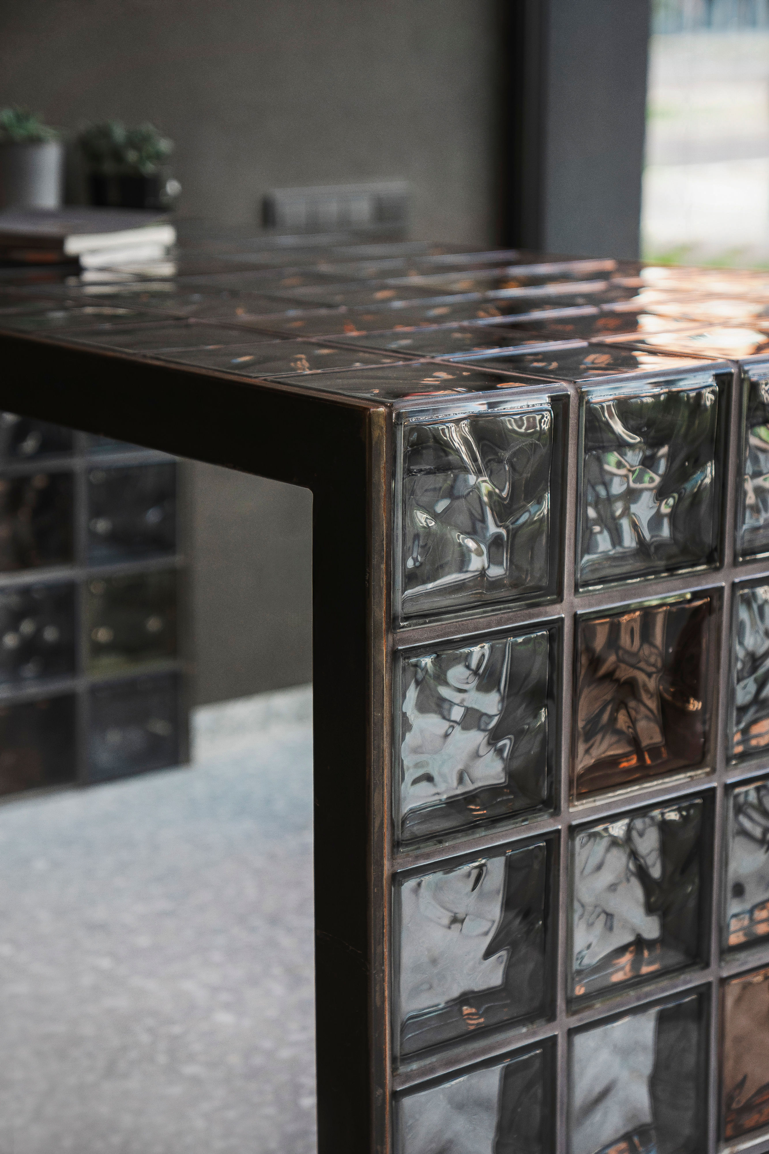 Industrial Glass Block Table | Handcrafted Steel Dining Table | FORMA4