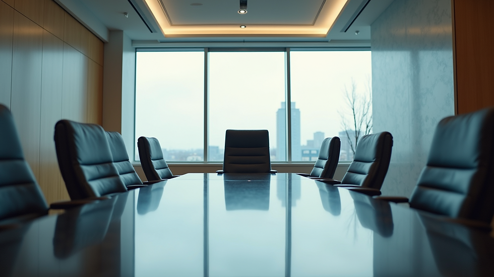 Eye-level view of a modern office meeting room with a single executive chair
