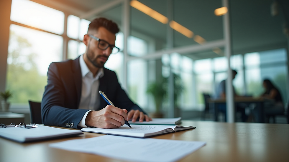 Eye-level view of a single executive reviewing notes in a bright office