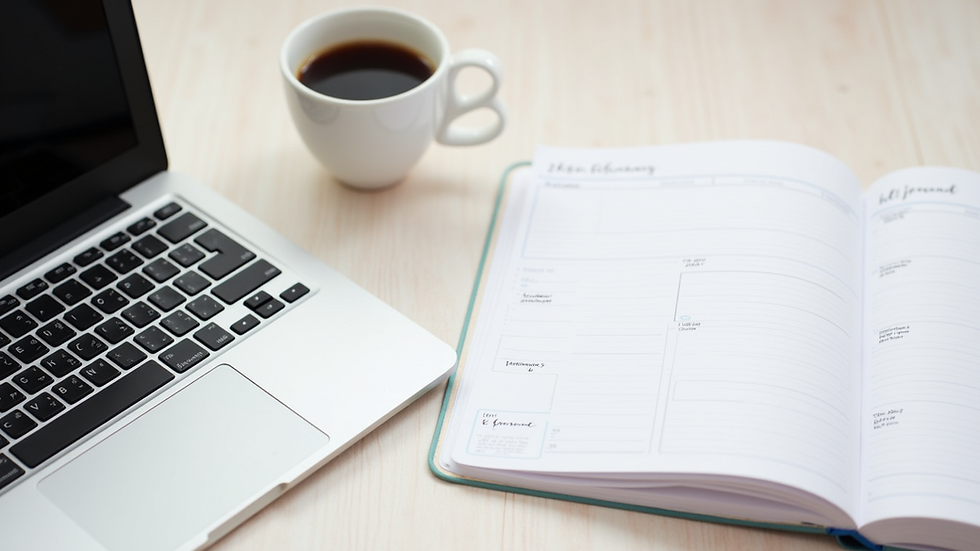 High angle view of a desk with a laptop, coffee, and a planner open to a weekly schedule