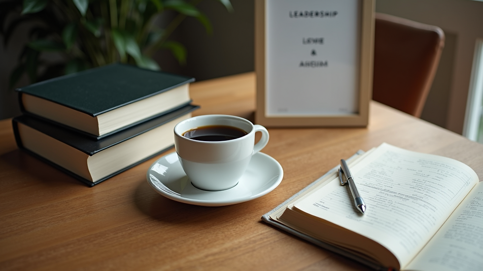 High angle view of a desk with leadership books and a cup of coffee