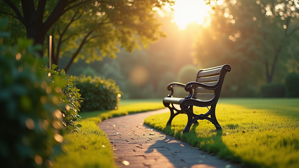 Eye-level view of a quiet garden bench surrounded by soft morning light