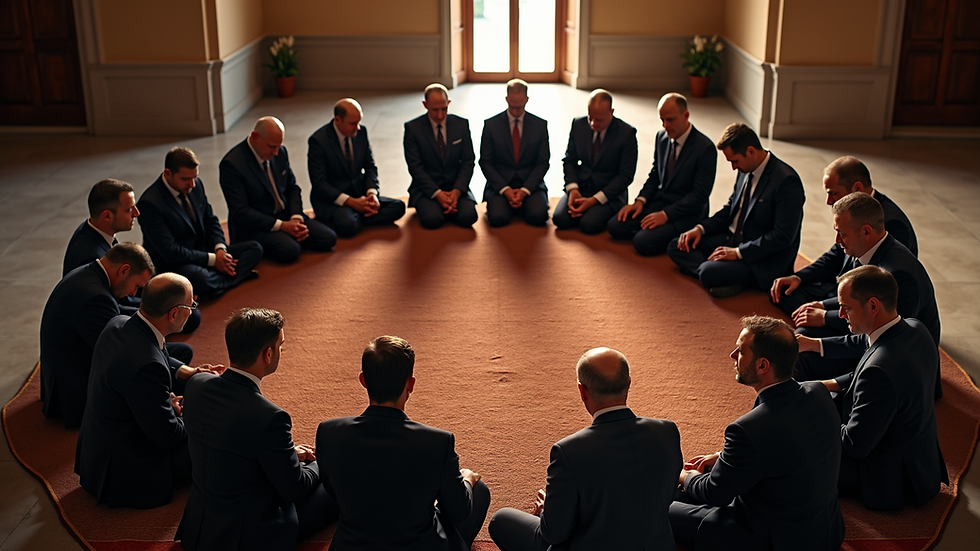 High angle view of a small group gathered in a circle for prayer