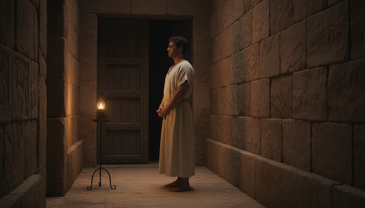 Eye-level view of a young man in ancient clothing refusing a shadowed doorway.
