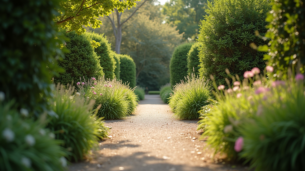 Eye-level view of a serene garden with a peaceful pathway