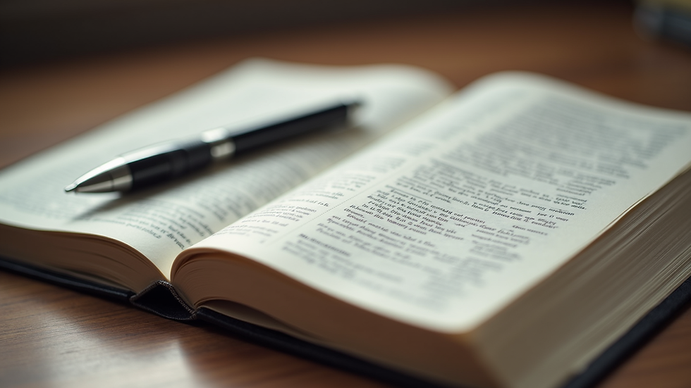 Close-up view of an open faith-based journal with handwritten notes and a pen