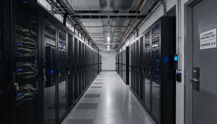 Wide-angle view of a secure data centre corridor with locked server cabinets and soft blue lighting