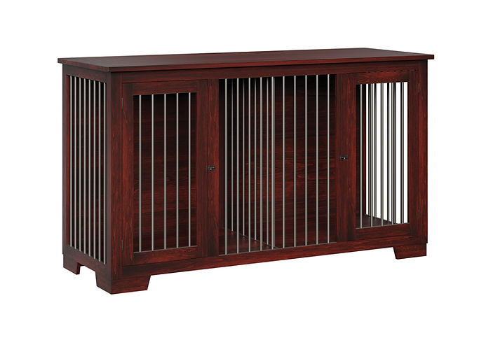 Large-Double- Dog crate Hinged-Door-Grey-Bars-Old-Tyme-Solid-Top-Brown-Maple-OCS-227-Rich-