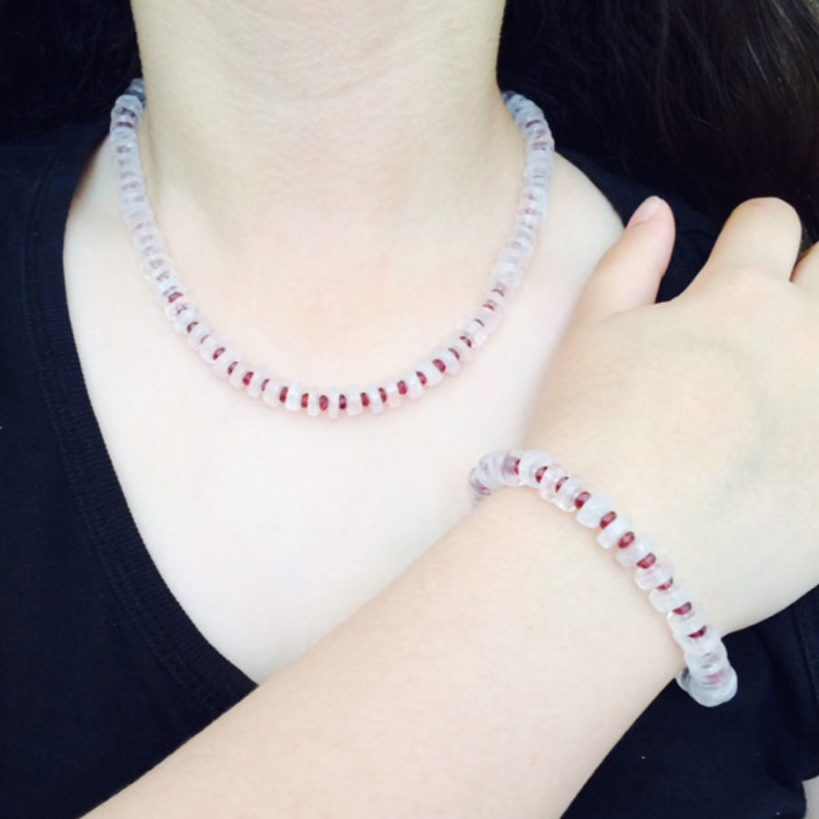 Thumbnail: Rose Quartz & Granet Gemstone Necklace with sterling silver leaf clasp