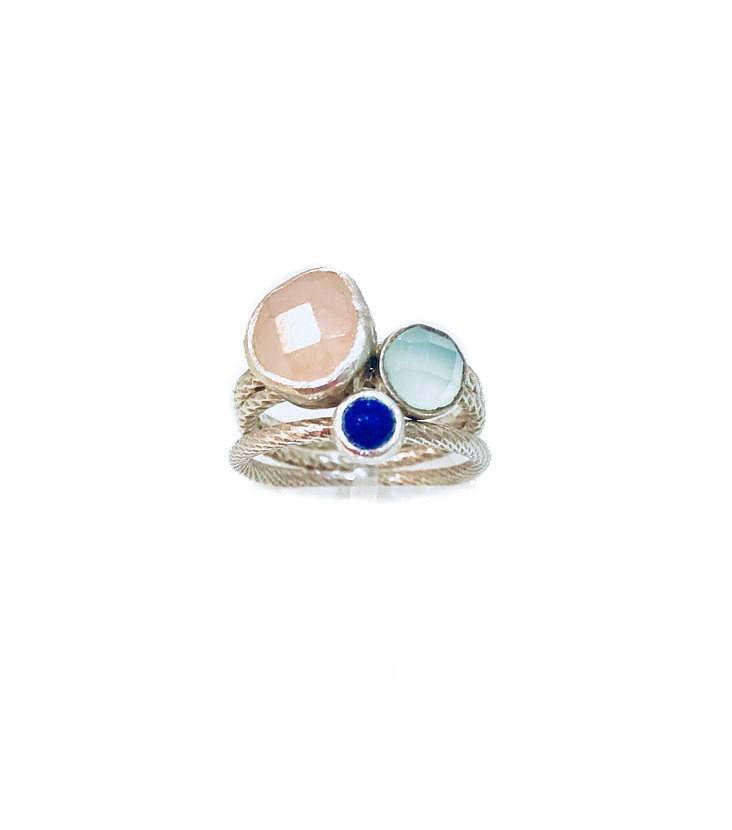 Thumbnail: Gemstone three stacked rings Set Rose Quartz, Amazonite and Lapis, multifaceted gemstones are set in sterling silver