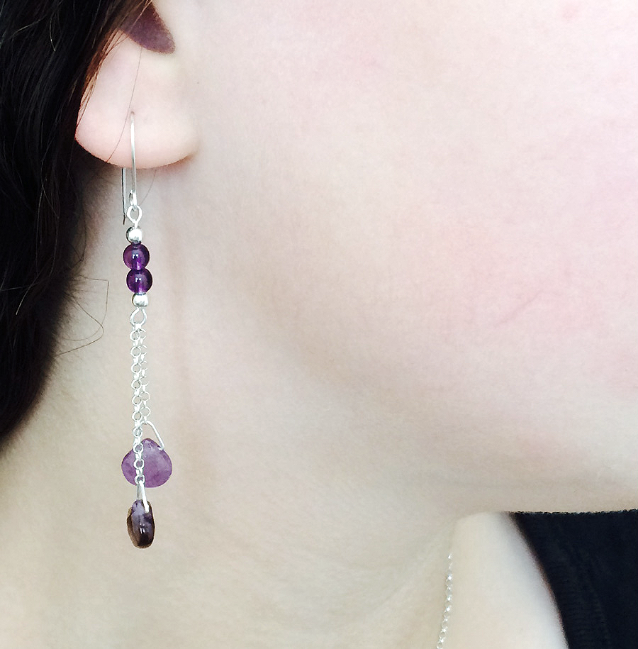 Thumbnail: Amethyst or Rose Quartz drops earrings. Silver, gold or rose gold. PINK AND PURPLE EARRINGS