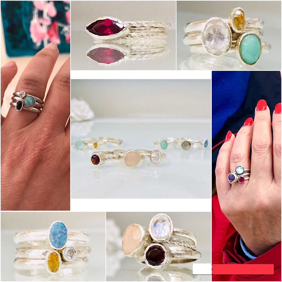 Thumbnail: Stacked rings gemstone Rose Quartz, Labradorite, and Amazonite, C.Z, Ruby, Opal, multifaceted in solid silver