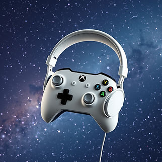 A pair of white pro headphones and xbox controller floating in the cosmos .jpg