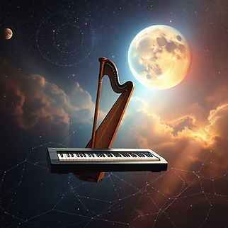 a keyboard and a harp in floating in the cosmos.jpg