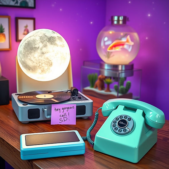 a retro phone _mint green next to a baby blue record player on a oak worksurface. Levitati