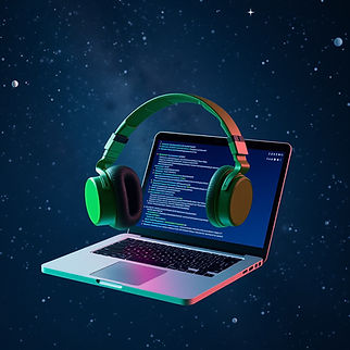 a pair of green pro headphones and vr kit floating in the cosmos with a laptop with code o