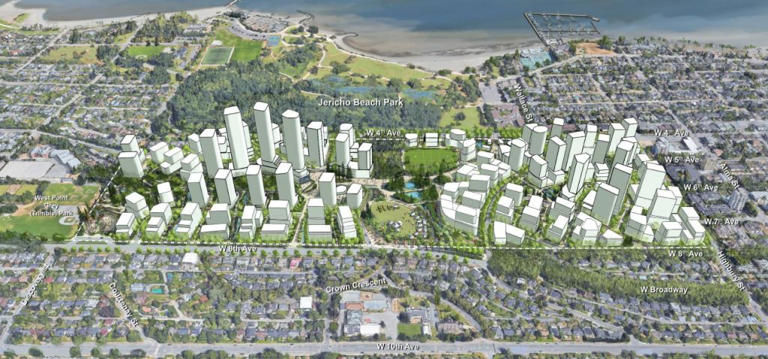 A rendering showing the scale and scope of the Jericho Lands development proposal on Vancouver's west side.© City of Vancouver