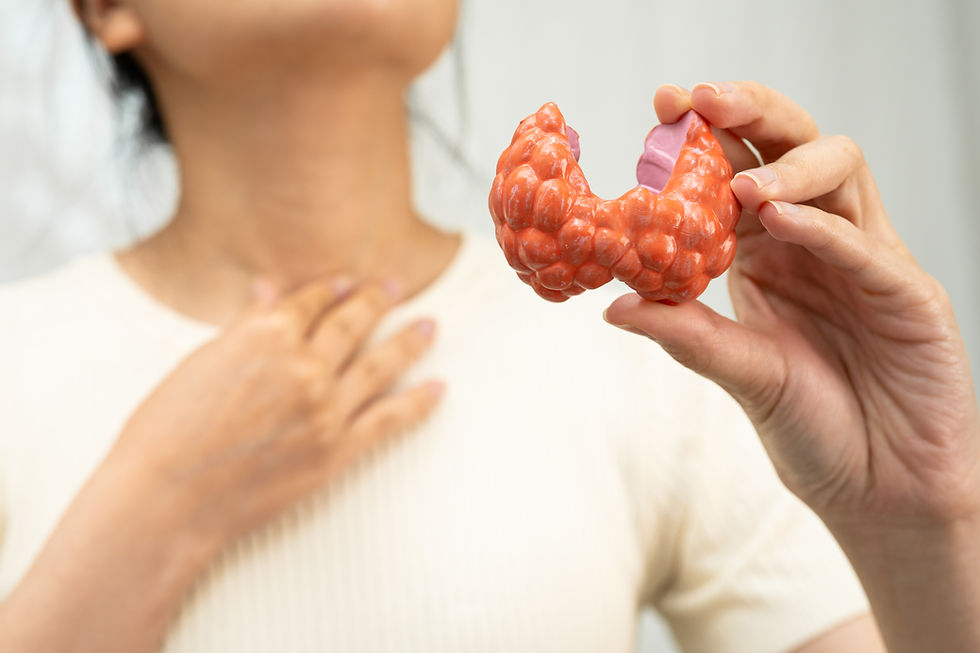 Medical professional holding a thyroid gland model while discussing thyroid health and overactive thyroid conditions.