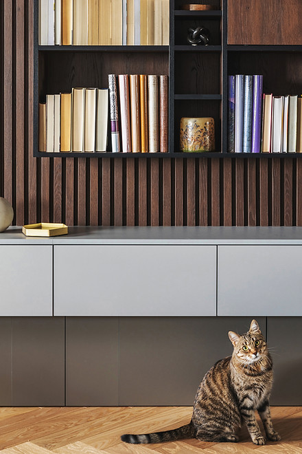 Custom bookshelf and cabinet by Woodhaven Craftworks in a cozy home setting.