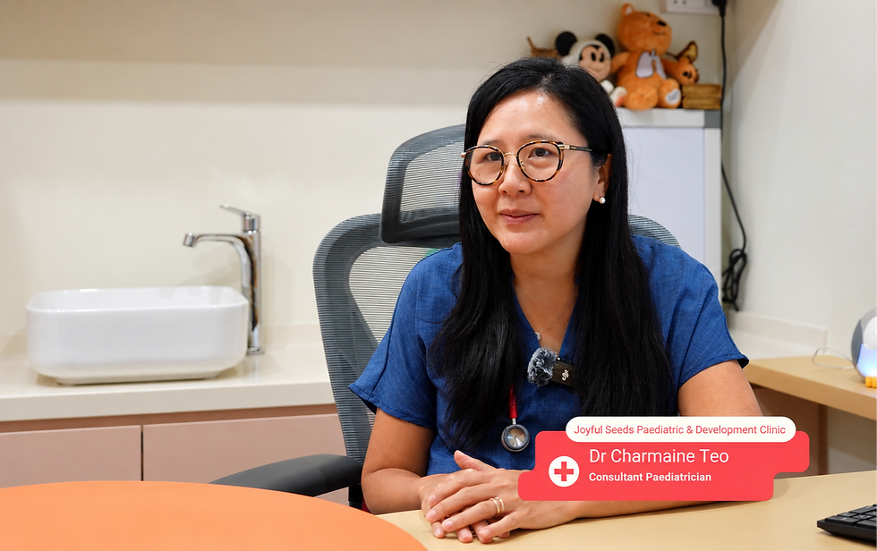 Dr Charmaine Teo, Consultant Paediatrician at Joyful Seeds Paediatric & Development Clinic, speaking during a professional clinic video interview.