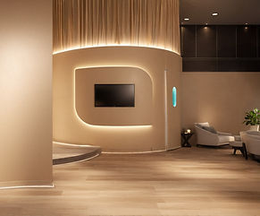 Modern lobby interior design with curved walls and seating