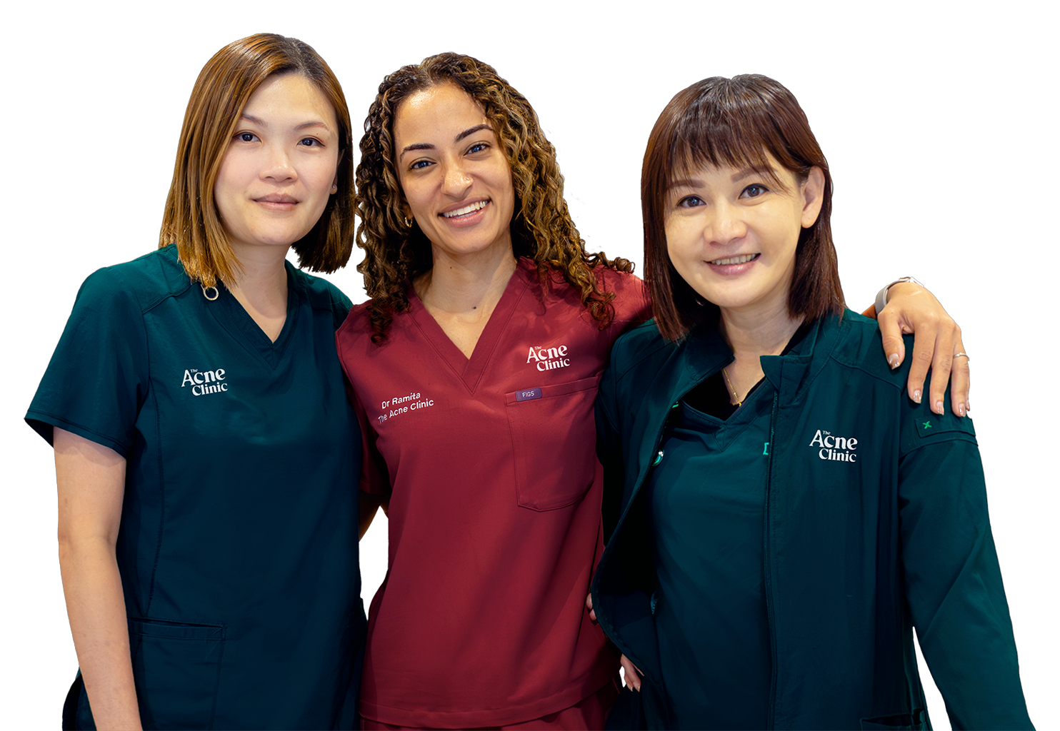 Team of acne care professionals at The Acne Clinic in i12 Katong Singapore smiling together in uniform.
