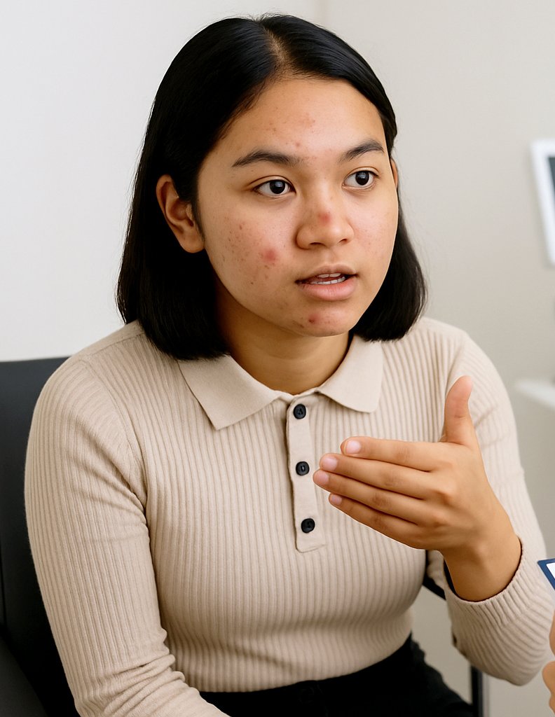 Young woman with facial acne speaking during a consultation shown at The Acne Clinic in i12 Katong.