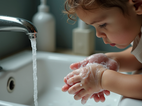 A young child washing hands with soap under running water — illustrating early hygiene habits and protecting babies from infections.