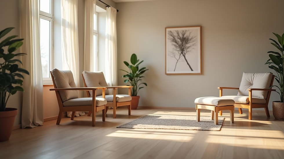 Eye-level view of a calm therapy room with comfortable chairs and soft lighting