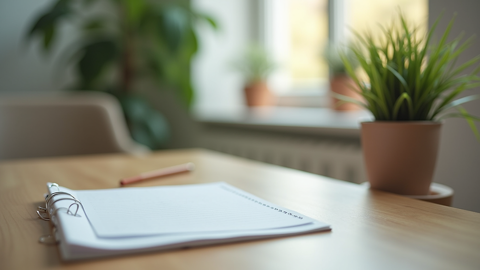 Close-up view of a therapist’s desk with notes and a calming plant