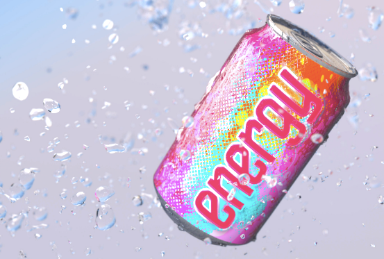 A can of pink energy drink in an icy background