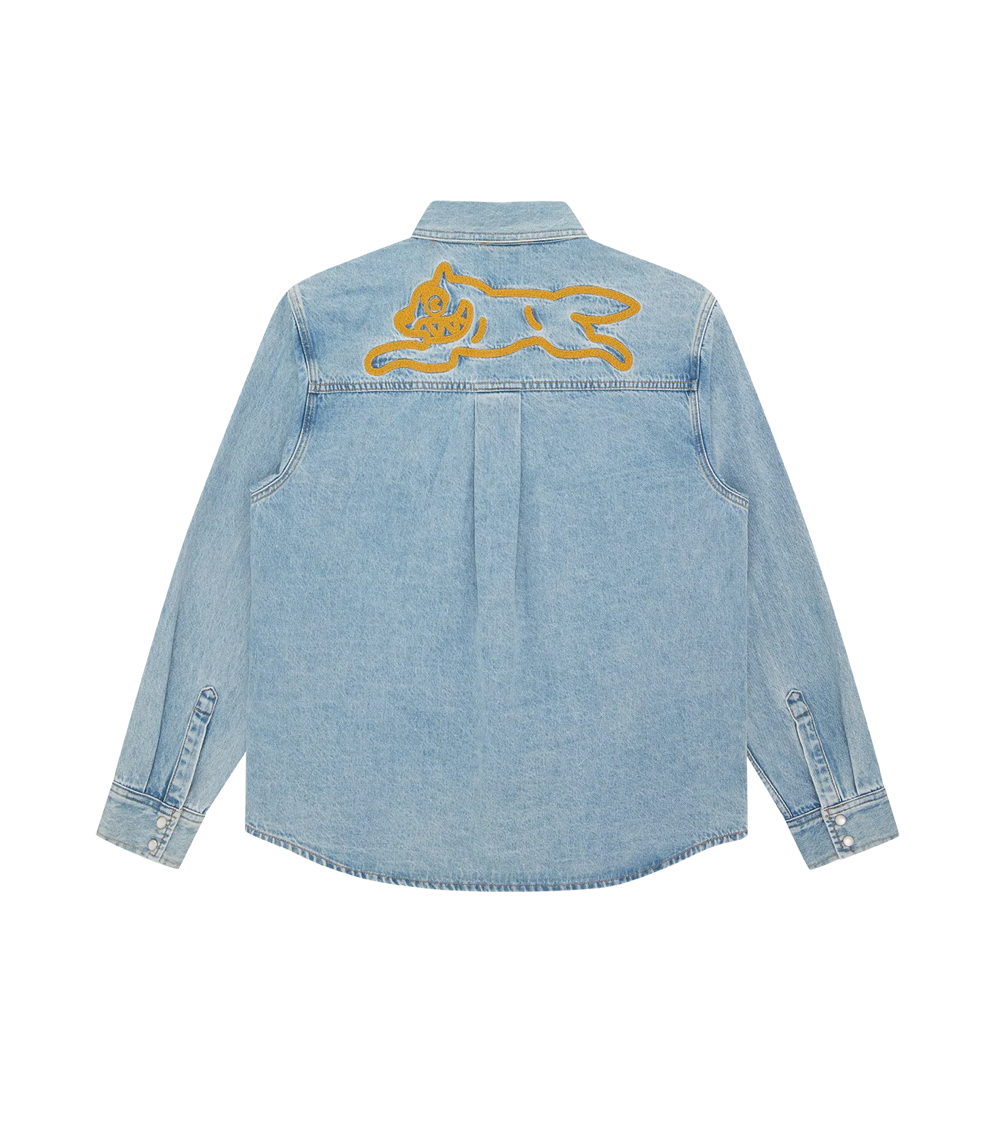 Ram Charan light wash denim shirt back chainstitch detail