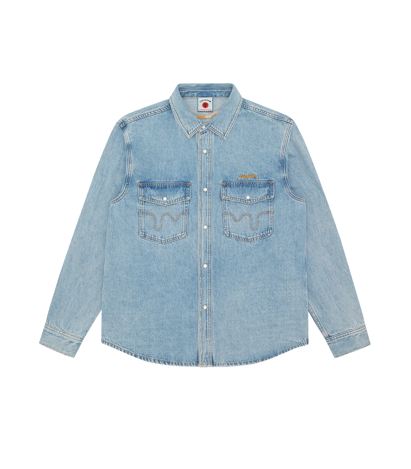 Ram Charan light wash denim shirt ICECREAM front view
