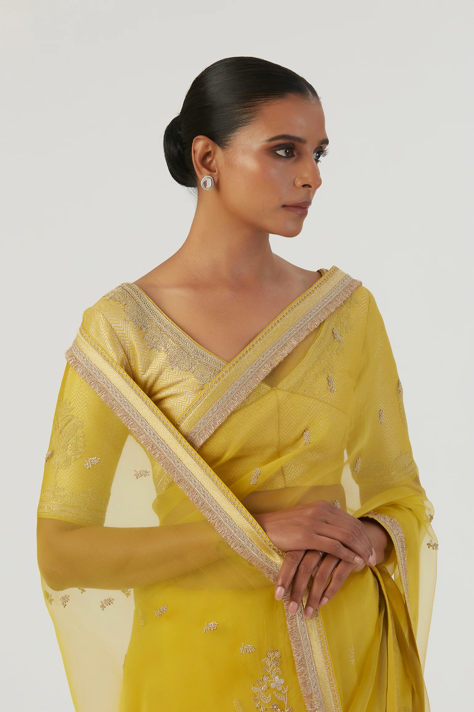 Lajjoo C Gia Saree lime green organza blouse and border embroidery details