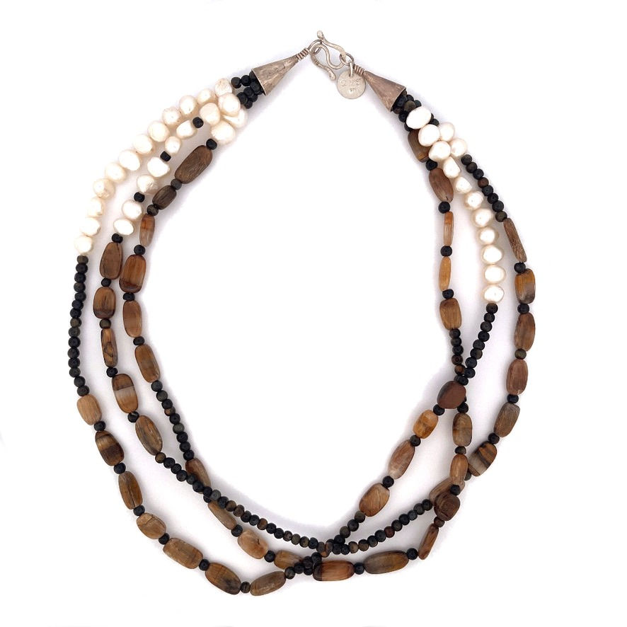 Miniature : yellow tigers eye and pearl gemstone necklace