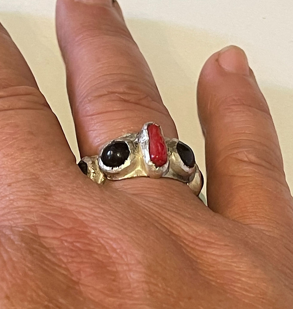 縮圖：three jax spoke red coral and picasso jasper sterling silver 925 handmade unique ring