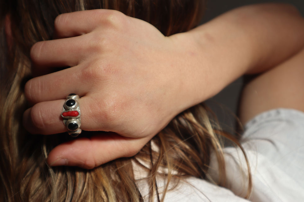 Miniatura: three jax spoke red coral and picasso jasper sterling silver 925 handmade unique ring
