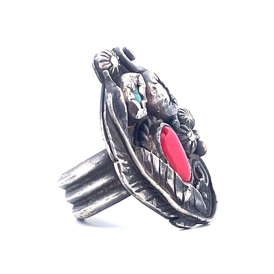 Miniatura: three jax handmade Red coral turquoise pearl and feather sterling silver ring