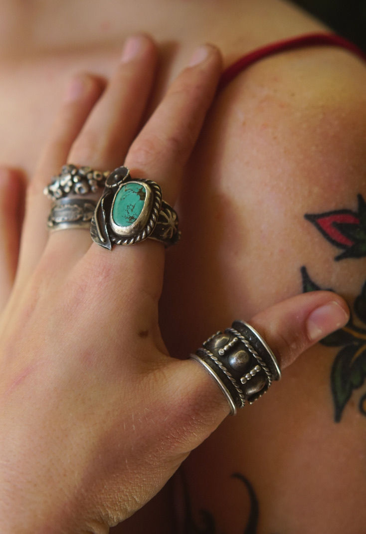 Miniatura: three jax Green turquoise feather and star sterling silver ring