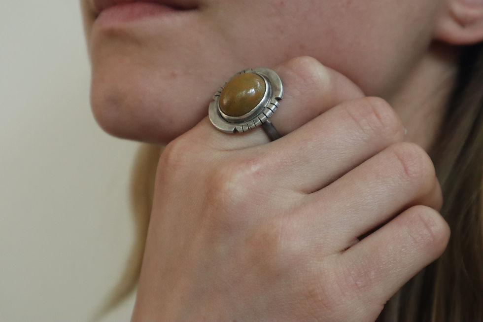 Miniature : three jax caramel jasper gemstone and sterling silver ring