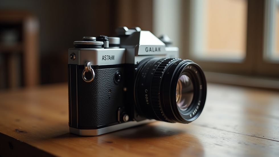 Close-up view of a vintage camera on a wooden table