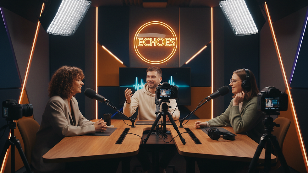Eye-level view of a modern podcast studio with professional microphones and soundproof walls