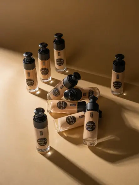 Υγρά foundation Dust+Cream σε διαφορετικές αποχρώσεις πάνω σε μπεζ σκηνικό με έντονες σκιές.