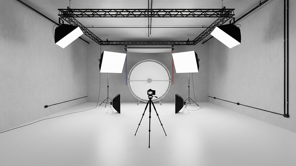 Eye-level view of a professional photography studio setup with lighting equipment
