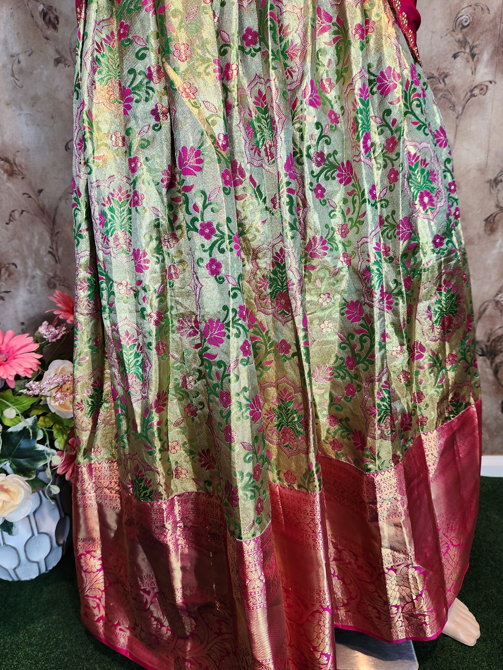 Thumbnail: Pure Tissue Kanchipuram Pattu Lehenga/Half Saree with cut work Dupatta