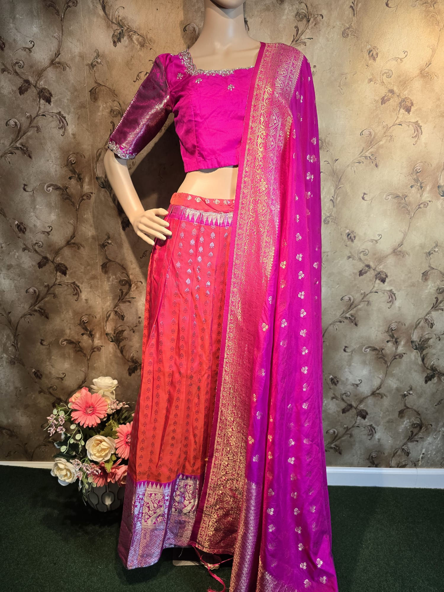 Pure Venkatagiri Pattu Lehenga/Half Saree with cut work Dupatta