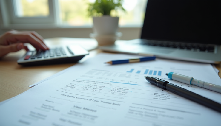 Eye-level view of a neat workspace with accounting documents and a calculator