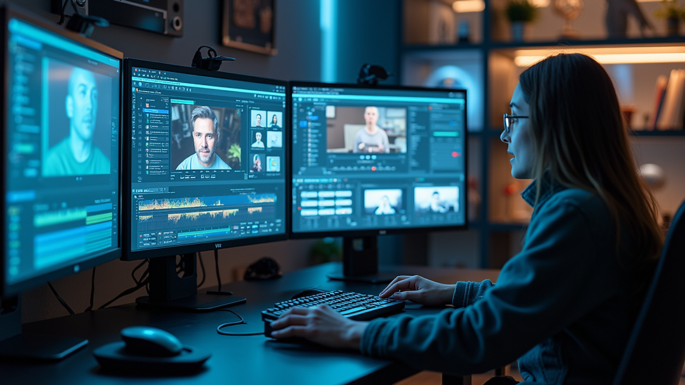 Eye-level view of a futuristic video editing workstation with AI interface