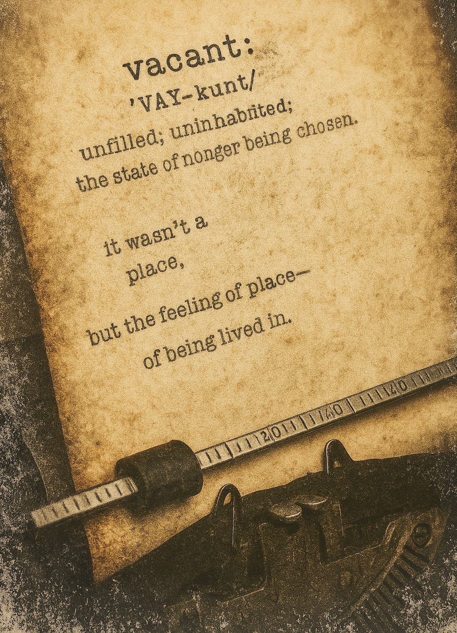 vacant: /VAY-kuhnt/ unfilled; uninhabited; the state of no longer being chosen.