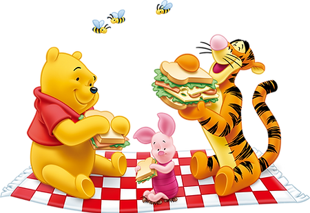 pooh, tigger and piglet having a picknick with sandwichs